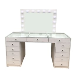White Black Affordable Hollywood Style Glass Top Makeup Vanity Desk Dressing Table with Chair and LED Mirror