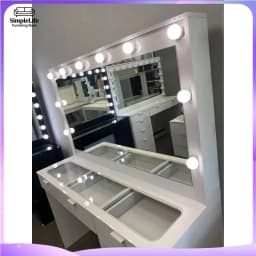 White Black Affordable Hollywood Style Glass Top Makeup Vanity Desk Dressing Table with Chair and LED Mirror