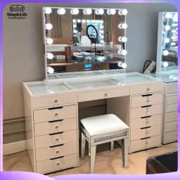 White Black Affordable Hollywood Style Glass Top Makeup Vanity Desk Dressing Table with Chair and LED Mirror
