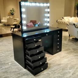 White Black Affordable Hollywood Style Glass Top Makeup Vanity Desk Dressing Table with Chair and LED Mirror