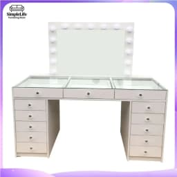 White Black Affordable Hollywood Style Glass Top Makeup Vanity Desk Dressing Table with Chair and LED Mirror