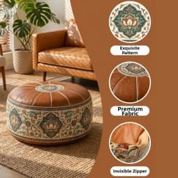 New PU Leather Ottoman Pouf Foldable Boho Pattern Storage Ottoman Fillable Round Shape Round Pouf Cover Multipurpose Storage