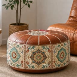 New PU Leather Ottoman Pouf Foldable Boho Pattern Storage Ottoman Fillable Round Shape Round Pouf Cover Multipurpose Storage