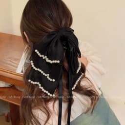 Fashion Fabric Ribbon Black Long Floating Band Grip Clip Pearl Bow Grip Clip Female Women Girl Shark Clip Headdress Accessories
