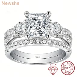 Newshe 2 Pcs Wedding Ring Set 925 Sterling Silver Moissanite Certified Princess Pear Cut Engagement Rings for Women Fine Jewelry