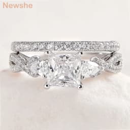 Newshe 2 Pcs Wedding Ring Set 925 Sterling Silver Moissanite Certified Princess Pear Cut Engagement Rings for Women Fine Jewelry