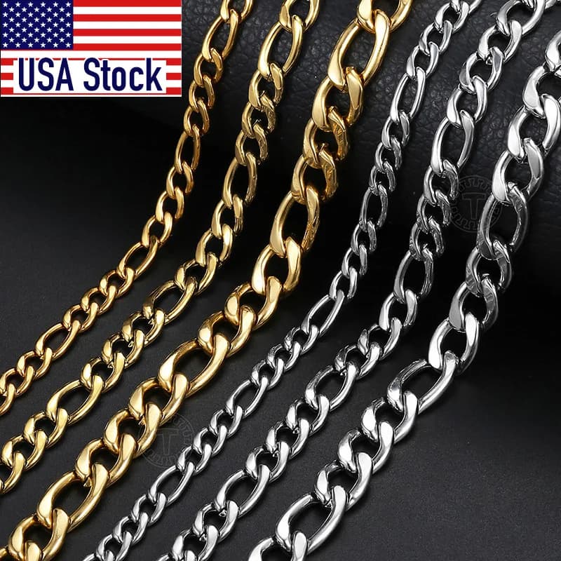 3/5/7/9mm Men's Stainless Steel Necklace Figaro Link Chain Choker for Men Women Gold Color Silver Color Solid Accessories KNM177