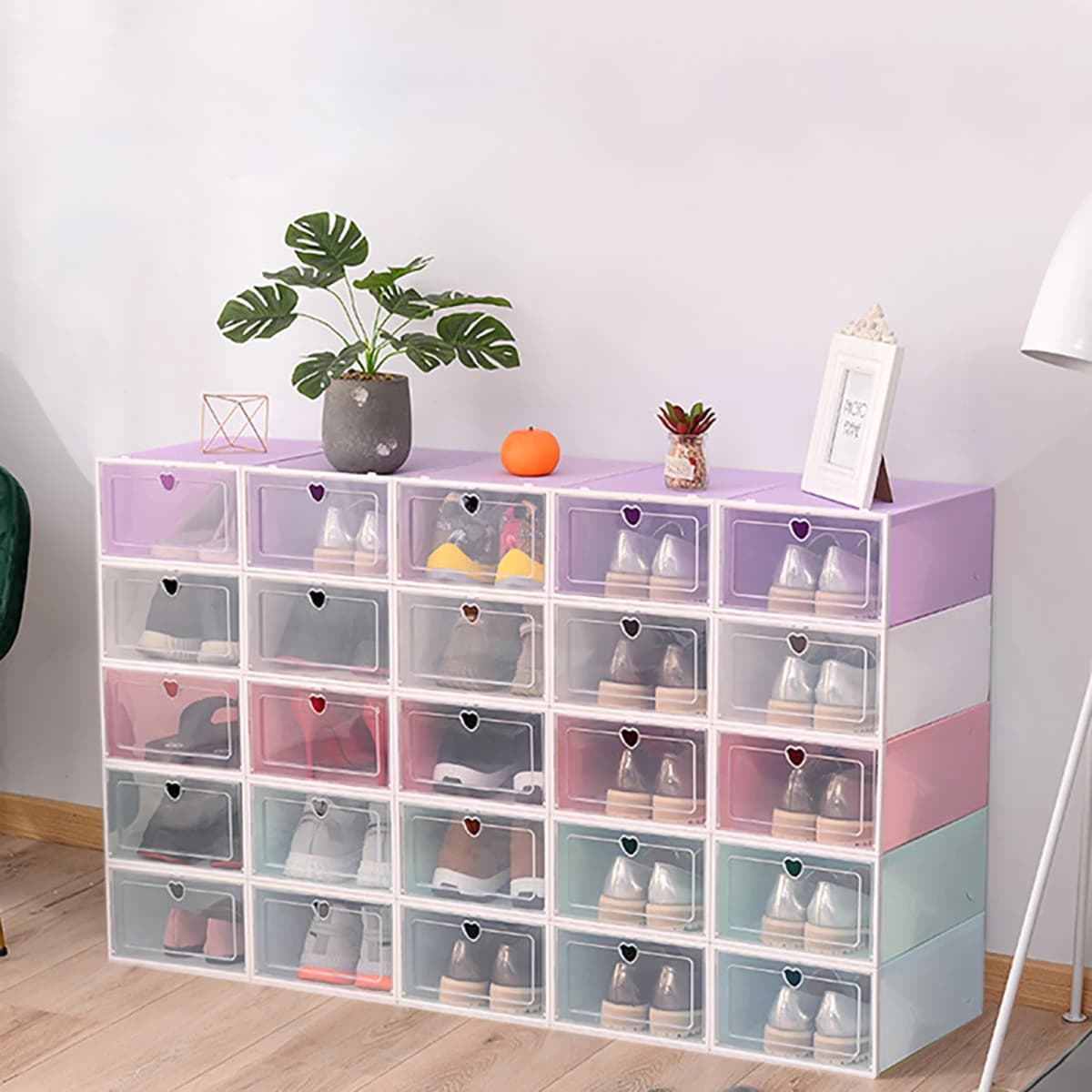20Pcs Foldable Shoe Storage Boxes with Lids Transparent Stackable Containers Drawer Style PP Plastic Shoe Organizers