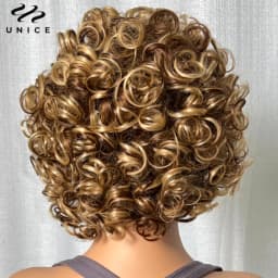 UNice Hair Blonde Curly Wig 100% Human Hair Bouncy Curly Wig with Bangs Open Cap Machine Wigs for Women 8Inch Short Afro Wig