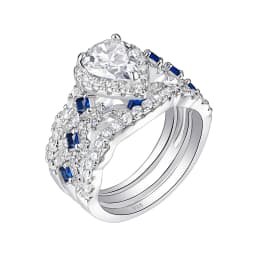 Newshe 3 Pcs Wedding Rings Set for Women Engagement Ring 925 Sterling Silver Water Drop Lab Sapphire White and Blue CZ Gemstone
