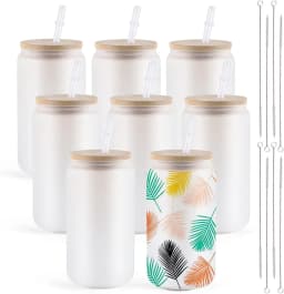 HTVRONT 4/8 Pack 16OZ Clear/Frosted Glass Sublimation Tumblers with Bamboo Lid Sublimate Tumbler Blanks DIY for Iced Coffee Cups
