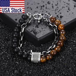 Trendsmax Natural Tiger Eye Stone Bracelet Men Stainless Steel Beaded Bracelets Male Jewelry Lava Map Stone Drop Shipping DB77