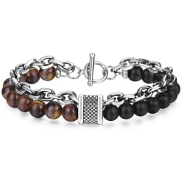 Trendsmax Natural Tiger Eye Stone Bracelet Men Stainless Steel Beaded Bracelets Male Jewelry Lava Map Stone Drop Shipping DB77