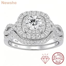 Newshe 2Pcs Halo Round Cut Moissanite Wedding Ring Set for Women Solid 925 Sterling Silver Zircons Luxury Bridal Rings