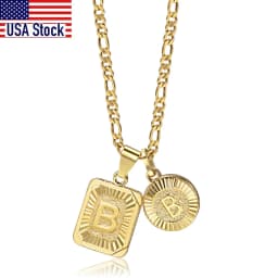 Chic 2pcs Letter Pendants with Figaro Chain Necklace Stainless Steel Link Choker for Men Women Gold Color Jewelry Gift 18inch