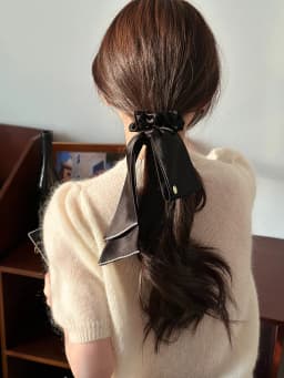 Korean Woman Large Elegant Silk Elastics Hair Band Black Satin Bow Scrunchies Hair Ties Ladies Ponytail Hold Hair Accessories