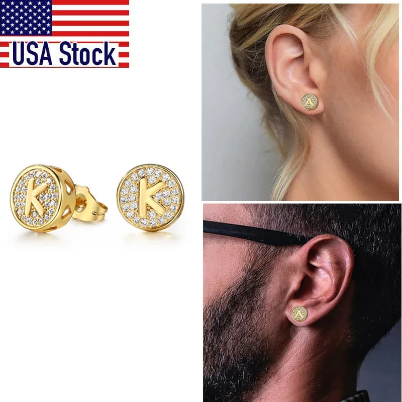 Fashion Cubic Zircon Initial A-Z Letter Gold Color Stud Earrings for Men Women AAA CZ Punk Hip-Hop Name Earrings 2021 GE353A