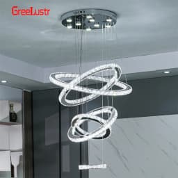 Modern Crystal Chrome Led Pendant Light Fixture Rings Adjustable Chandelier Dimming Lamp for Living Room Bedroom Hanging Lustre