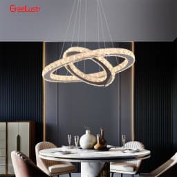 Modern Crystal Chrome Led Pendant Light Fixture Rings Adjustable Chandelier Dimming Lamp for Living Room Bedroom Hanging Lustre