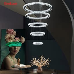 Modern Crystal Chrome Led Pendant Light Fixture Rings Adjustable Chandelier Dimming Lamp for Living Room Bedroom Hanging Lustre