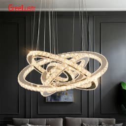 Modern Crystal Chrome Led Pendant Light Fixture Rings Adjustable Chandelier Dimming Lamp for Living Room Bedroom Hanging Lustre