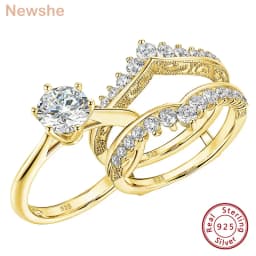 Newshe 14k Yellow Gold Plated Bridal Ring Set for Women 2Ct Round Cut AAAAA Zircon Wedding Engagement Anniversary Band BR1167_Y