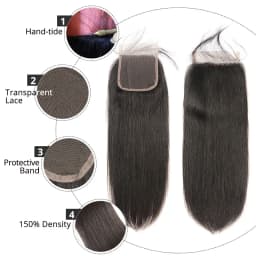 Straight 4x4 Lace Closure Human Hair Pre-Plucked With Baby Hair Peruvian Straight Human Hair Lace Closure Natural Black AliPearl