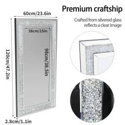 48' X 24' Crush Diamond Wall Mirror Large Decorative Glam Silver Vanity with Beveled Glass Sparkly Crystal Frame Edge
