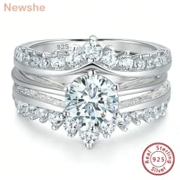 Newshe Luxury Solid 925 Sterling Silver Wedding Engagement Rings for Women High Grade Cubic Zircon Guard Band BR1167