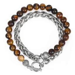 8mm Men's Lapis Lazuli Tiger Eye Stone Beaded Bracelet Stainless Steel Wheat Link Lava Bracelet Wristband Jewelry Gifts DBM46