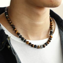 Unique Beaded Necklaces for Mens Boy Tiger Eye Stone Lave Natural Stone Neck Male Jewelry Stainless Steel Toggle Clasp