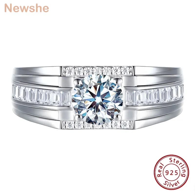 Newshe Genuine 925 Sterling Silver Wedding Rings for Men Moissanite 1.25Ct Round White Simulated Diamond Luxury Fine Jewelry