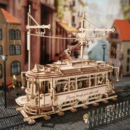 Robotime Rokr Classic City Tram Car Moveable Wooden Toys Building Block Sets 3D Wooden Puzzle Ideal Gift for Adults Teen
