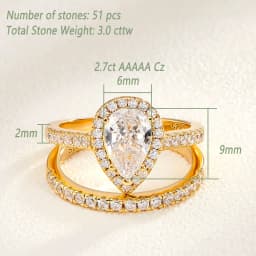 Newshe 2 Pcs Solid 925 Sterling Silver Wedding Rings Set Yellow Gold Plated 3Ct Halo AAAAA CZ Pear Cut Engagement Ring for Women