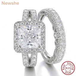Newshe 2Pcs Solid 925 Sterling Silver Wedding Rings for Women Bridal Set 8*8mm 3CT Princess Cut 5A Cubic Zircon Fine Jewelry