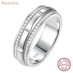 Newshe Solid 925 Sterling Silver Wedding Rings for Men Half Eternity Male Ring Brilliant Round White Cubic Zircons Fine Jewelry