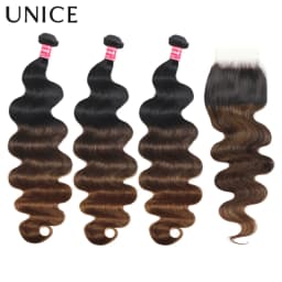 UNice Chestnut Brown Ombre Body Wave Bundles With Closure 100% Human Hair 3 Bundles With 4x4 Lace Closure Make 250% Density Wig