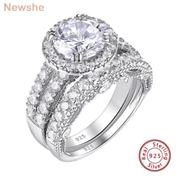 Newshe 2 Pcs Wedding Ring Set Halo Brilliant Round Cut AAAAA CZ 925 Sterling Silver Engagement Rings For Women QR8466