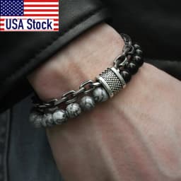 Trendsmax Natural Map Stone Men's Beaded Bracelet for women Stainless Steel Bracelets Male Jewelry Tiger eye 8 9 10 inch DB33