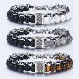 Trendsmax Natural Map Stone Men's Beaded Bracelet for women Stainless Steel Bracelets Male Jewelry Tiger eye 8 9 10 inch DB33