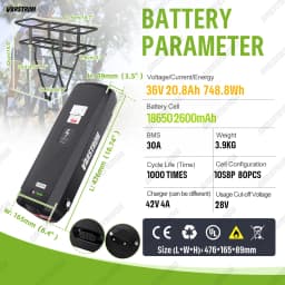 36V 48V 52V Ebike Rear Rack Battery 17.5Ah 20.8Ah 18650 Li-ion Lithium Battery Pack For BAFANG Tongsheng Electric Bike Motor Kit