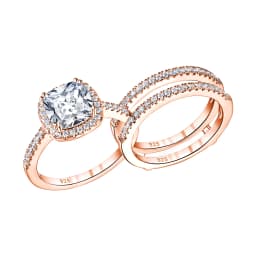 Newshe 925 Sterling Silver Rose Yellow K Gold Engagement Rings Set for Women Halo Cushion AAAAA CZ Guard Wedding Bands Enhancer
