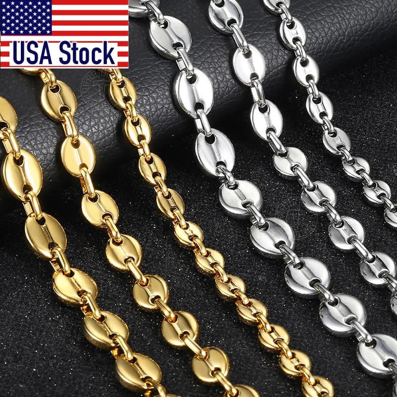 Coffee Beans Link Chain 7/9/11MM Necklace Gold Color Silver Color Stainless Steel Men Women Geometric Rope Jewelry Wholesale
