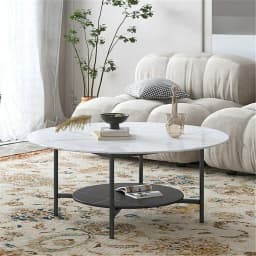 2 Tier Round Coffee Table Modern High End Sintered Stone Desk Home Furniture Table Metal Frame for Living Room, Bedroom