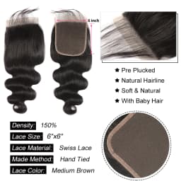 AliPearl Hair Transparent Lace 6x6 Closure Brazilian Body Wave Human Hair Pre Plucked with Body Hair Body Wave 6x6 Lace Closure