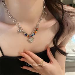 NEW Colorful Hollow out Love Pendant Double layer Chain Pearl Metal Necklace for Women Girls Punk Trendy Jewelry