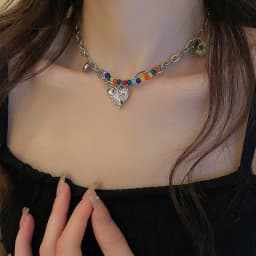 NEW Colorful Hollow out Love Pendant Double layer Chain Pearl Metal Necklace for Women Girls Punk Trendy Jewelry