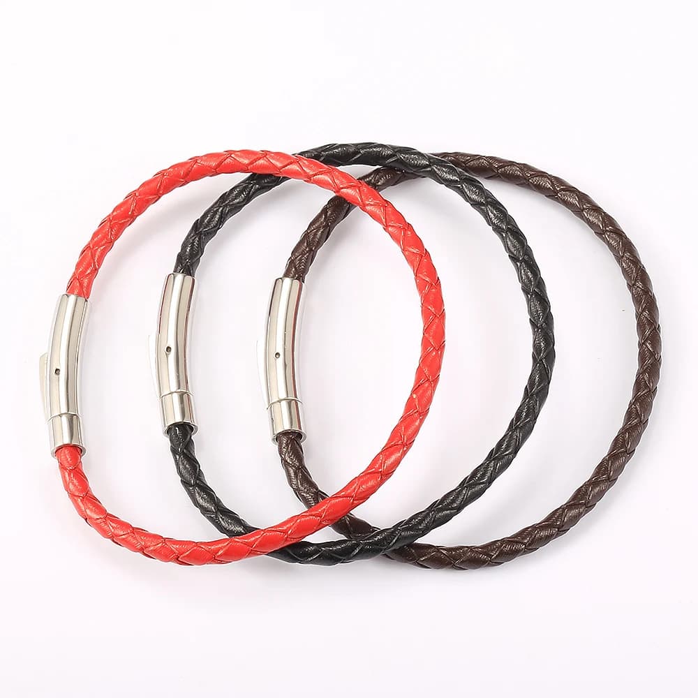 4mm 6mm Stainless Steel Clasp Simple Design Bangles Red Black Brown Men's Man-made Leather Bracelets LB775
