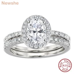 Newshe 925 Sterling Silver Wedding Rings Set for Bride 3.2Ct Halo Oval Cut AAAAA Cubic Zircon Fine Jewelry
