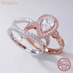 Newshe Yellow & Rose Gold 925 Sterling Silver Pear Shaped Engagement Ring Enhancer Wedding Band Simulated Diamond AAAAA CZ